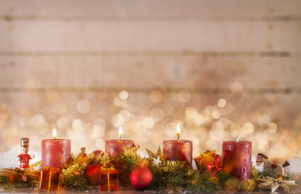 Joulun tausta koristeet ja polttava kynttilät
 - Valokuva, kuva
