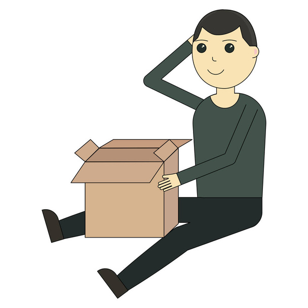 The guy is sitting and dismantling the box. Cartoon character isolated on white background - Vector, Image