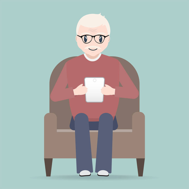 Starszy pan siedzi i trzymając smartfon na fotel ikona - Wektor, obraz