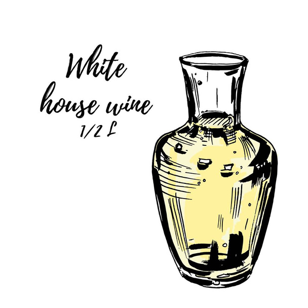 Glazen karaf gevuld met witte wijn, isolted op wit. Vector hand getekende illustratie - Vector, afbeelding