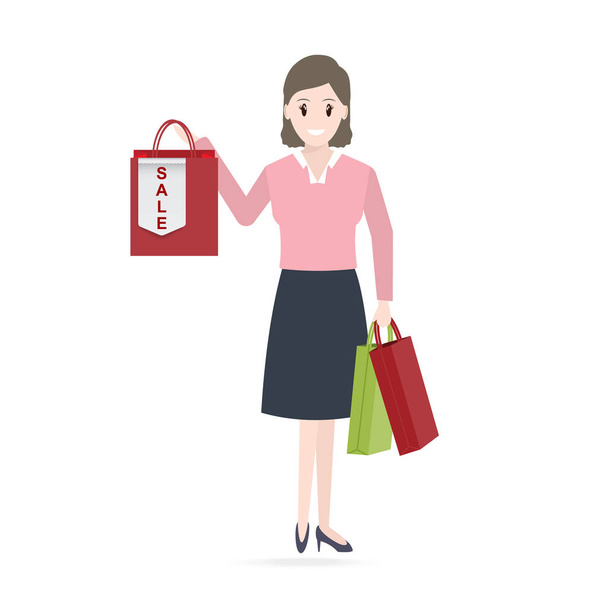 Alışveriş çantası ve satış bir ses etiketi simgesi tutan kadın - Vektör, Görsel