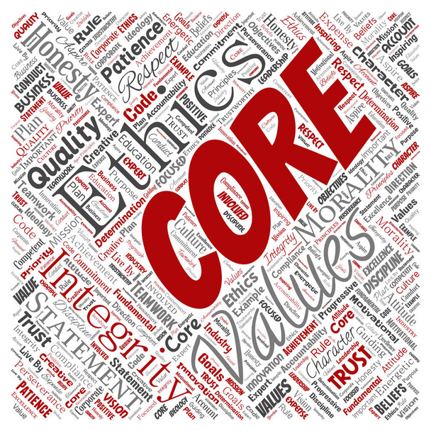 Vector conceptual core values integrity ethics square red concept word cloud isolated background. Collage de honestidad calidad confianza, declaración, carácter, perseverancia, respeto y digno de confianza
 - Vector, imagen