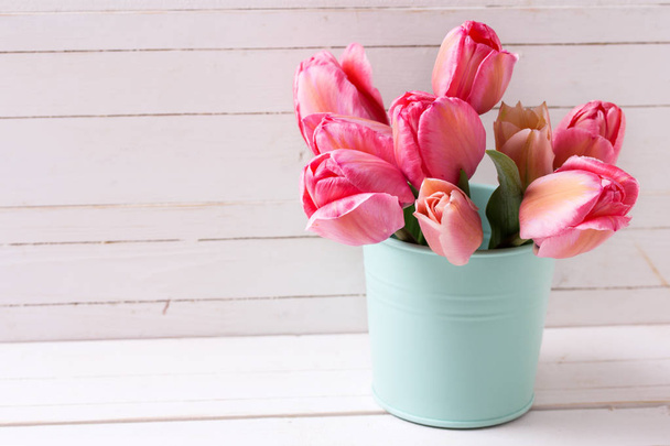 Fresh pink tulip flowers  in  mint color bucket on  white wooden  background. Floral still life.  Selective focus.  Place for text. - Photo, image