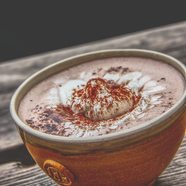 Cup Hot chocolate on an old wood plank - Fotó, kép
