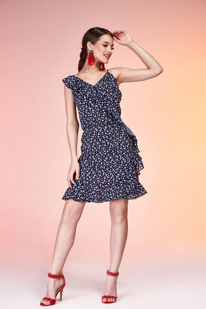 Beautiful sexy woman pretty face long brunette hair wear black polka dot skinny dress fashion style clothes for business woman office casual walk summer collection jewelry earrings glamour model pose. - 写真・画像
