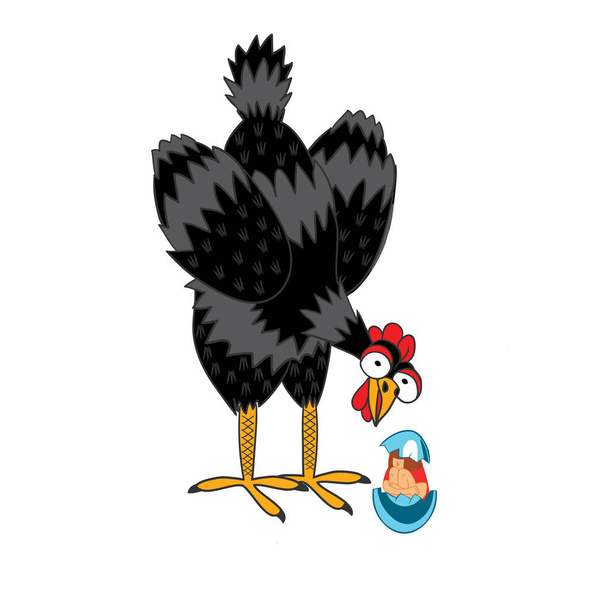 Eine Legehenne legte ein Ei mit einem menschlichen Baby. Lustige Illustration eines handgemachten Comicstils. - Foto, Bild