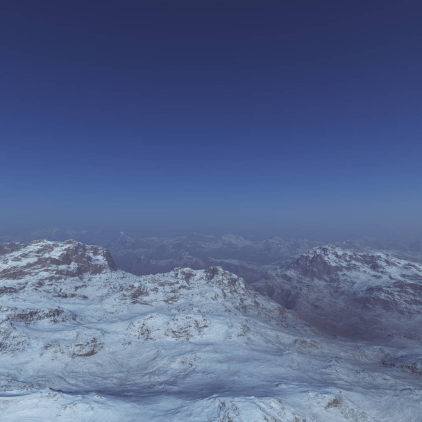 3D δημιουργείται χειμερινό τοπίο: Misty βουνά στα χιόνια. Χειμερινή χώρα των θαυμάτων. - Φωτογραφία, εικόνα