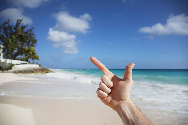 L'été à la Barbade. Vacances exotiques. Des palmiers. Eau turquoise. Ciel bleu ensoleillé. Belle plage de sable blanc. - Photo, image