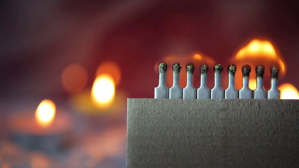 A row of matches are burning in sequence. Matches ignited and the fire spreads from one to another match - Footage, Video