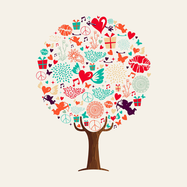 Love tree with valentines day holiday icon set, concept illustration for romantic greeting card. Includes heart shape symbols, cupid angel and lipstick kiss. EPS10 vector. - Vektor, obrázek