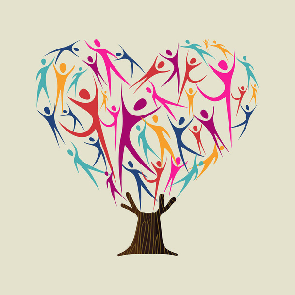 Καρδιά σχήμα δέντρο φτιαγμένο από πολύχρωμα άτομα σιλουέτες. Κοινοτική βοήθεια έννοια, ποικιλόμορφο πολιτισμό ομάδα ή κοινωνικό έργο. Eps10 διάνυσμα - Διάνυσμα, εικόνα