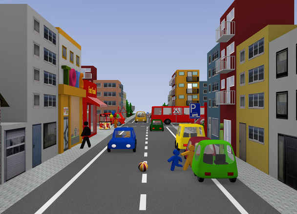 Kaupunkinäkymä liikennetilanteella: Lapset leikkivät. 3d-renderointi
 - Valokuva, kuva
