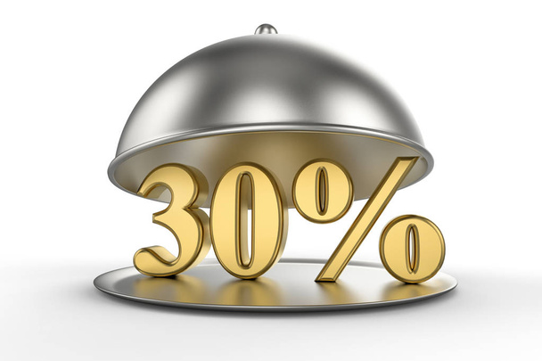 Restaurant Cloche mit goldenem 30 Prozent Rabatt-Schild auf weißem Hintergrund. 3D-Illustration - Foto, Bild