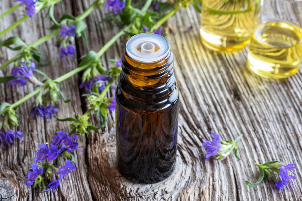 Una bottiglia di olio essenziale con ramoscelli d'issopo freschi in fiore
 - Foto, immagini