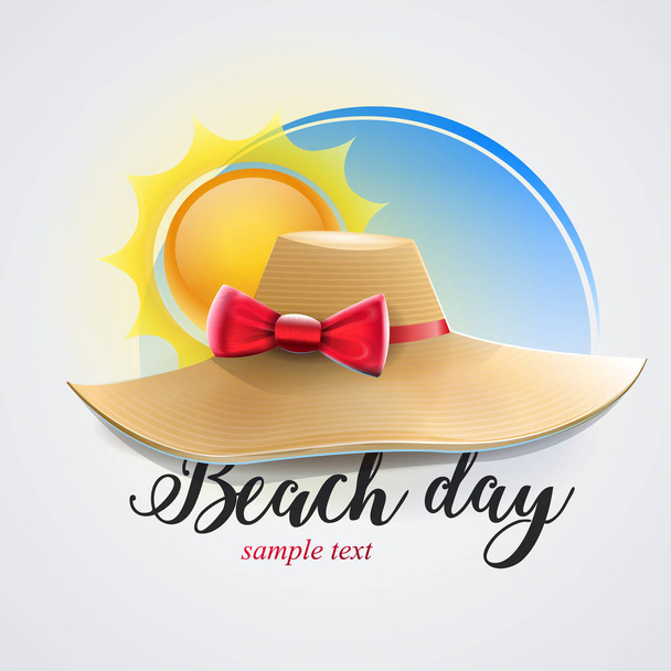 Női kalap beach nap: kék háttér, elszigetelt kalap. vektor kép - Vektor, kép