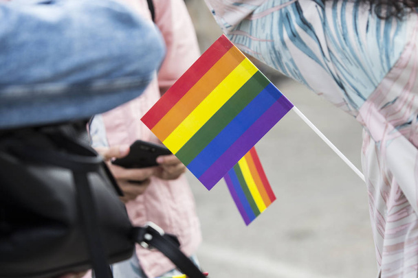 Bandeiras do arco-íris no desfile gay
 - Foto, Imagem