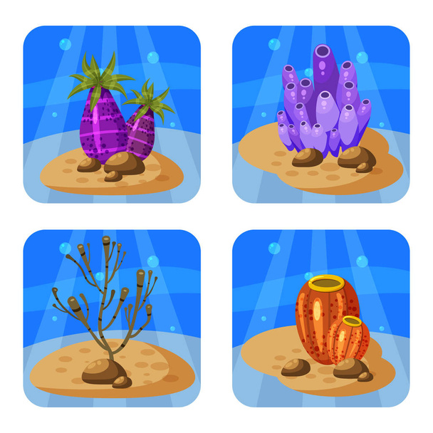Set di coralli colorati e alghe su sfondo blu. Illustrazione vettoriale subacquea naturale. Stile cartone animato, isolato
 - Vettoriali, immagini