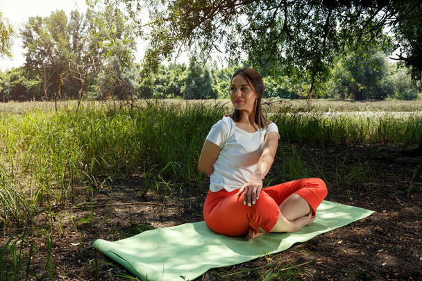 yoga and relax smiling woman in nature in yoga pose - Foto, Imagem