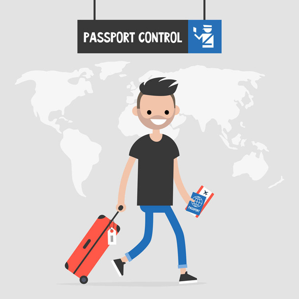 Jeune voyageur passant un contrôle de passeport. Vol international
. - Vecteur, image