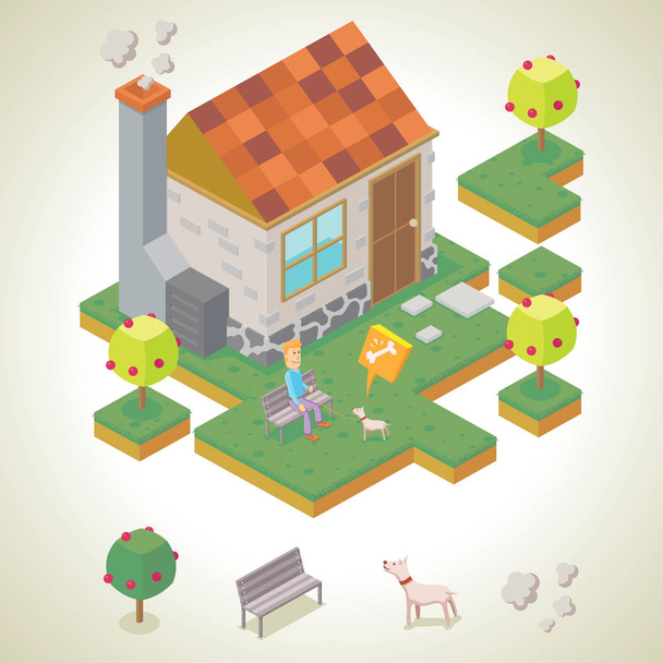 man and his pet in front of his house - Vector, Image