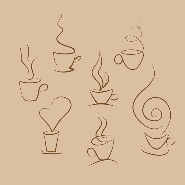 Tazze di caffè marroni. Tazze di caffè disegnate a mano. Varie tazze di caffè con fumo
. - Vettoriali, immagini