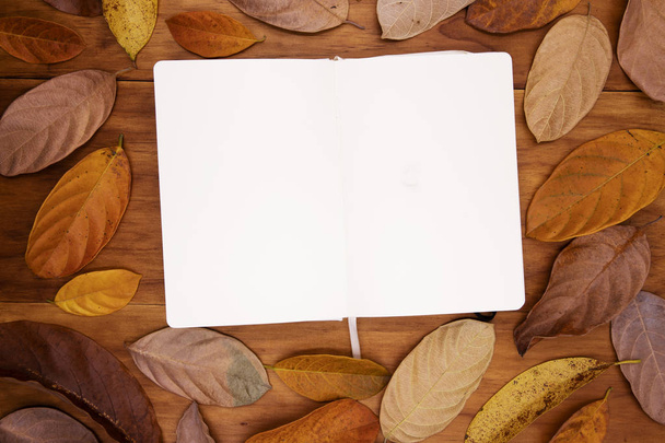 Open sketchbook with white paper on warm wooden background. Orange leaf frame on table top view. Empty paper notebook in autumn seasonal decor. Fall season banner template. Sketch or drawing mockup - Φωτογραφία, εικόνα