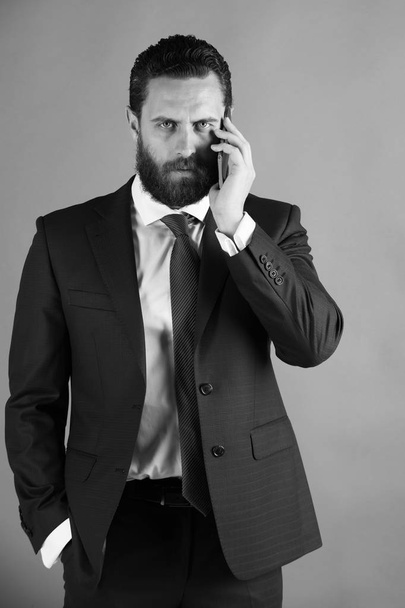 man is talking on the phone. bearded man or businessman with mobile or cell phone - Фото, зображення