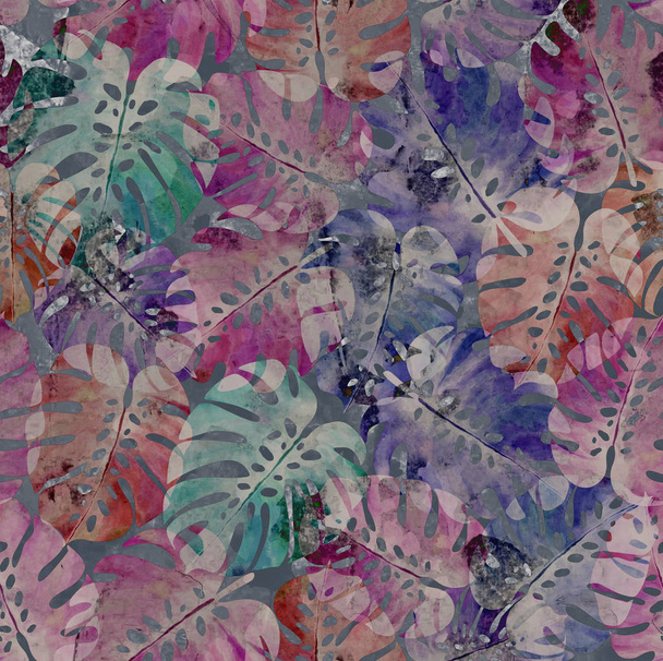 Palm leafs watercolor texture repeat modern pattern - Photo, Image