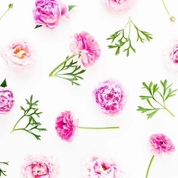 pastel pink roses and petals on white background. Flat lay, top view. Flowers pattern of pink flowers - Photo, Image