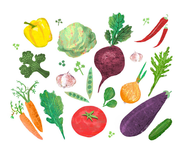 Kollázs illusztráció zöldség festői textúrák. A koncepció, vegán és nyers élelmiszer étrend. Tudatos táplálkozás. - Fotó, kép