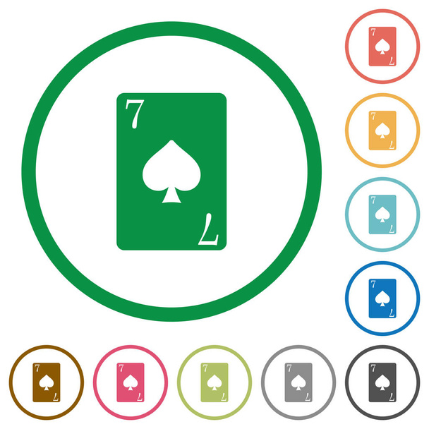 Sieben Pik-Karten flache Farbsymbole in runden Umrissen auf weißem Hintergrund - Vektor, Bild