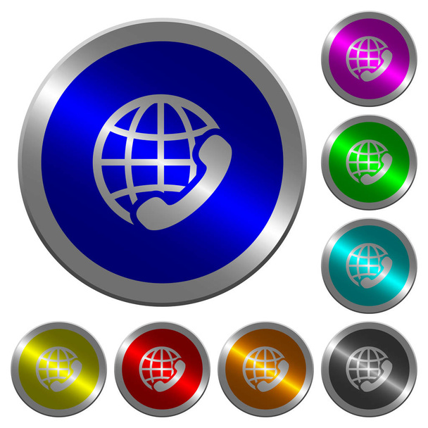 Mezinárodní volání ikony na tlačítkách kulatý svítící mince jako barva ocelová - Vektor, obrázek