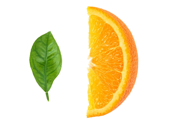 Orange slice and orange leaf isolated on white background - Foto, Imagem