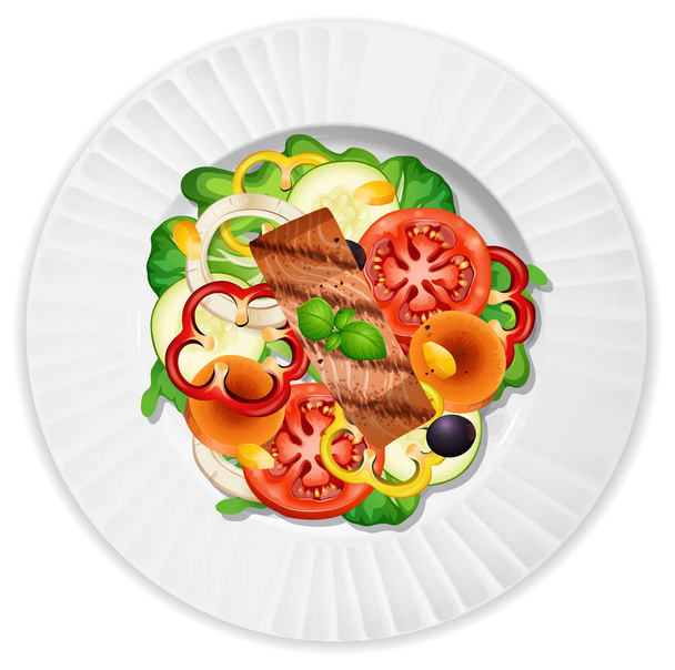 Верхний вид салата с иллюстрацией лосося
 - Вектор,изображение