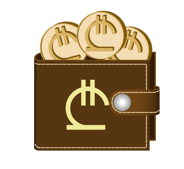 brown  wallet with lari coins on a white background , currency in the wallet,sign and symbol currency in the form of coins,design concept color  ,sign lari on the face of the wallet - Vecteur, image