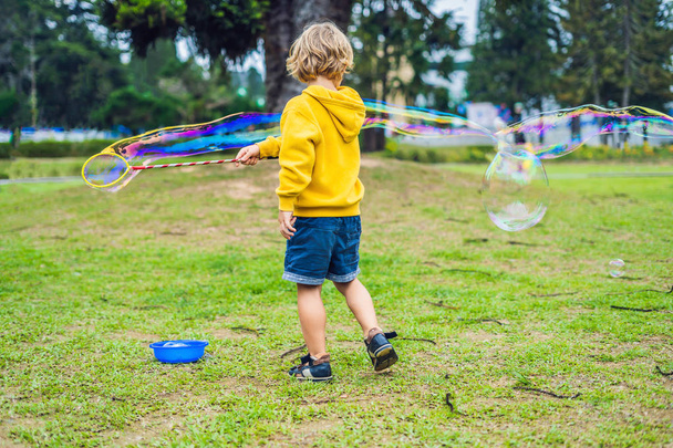 Cute little boy is playing with big bubbles outdoor at daytime - 写真・画像