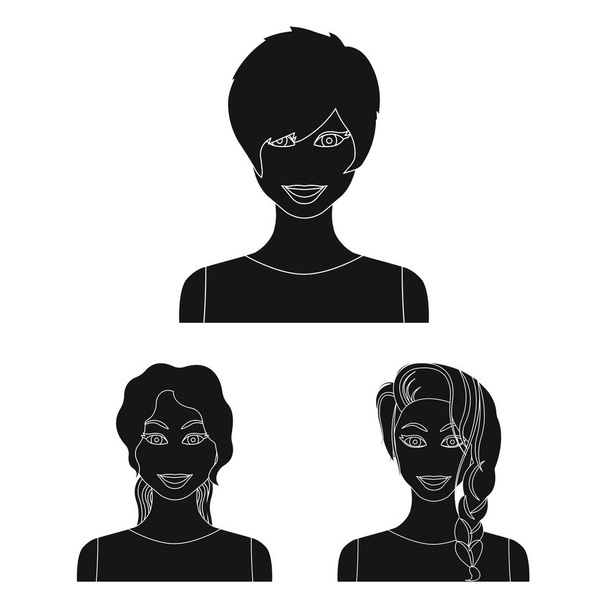 Rodzaje fryzury damskie czarne ikony w kolekcja zestaw do projektowania. Wygląd kobiety wektorowej symbol zasobów sieci web. - Wektor, obraz