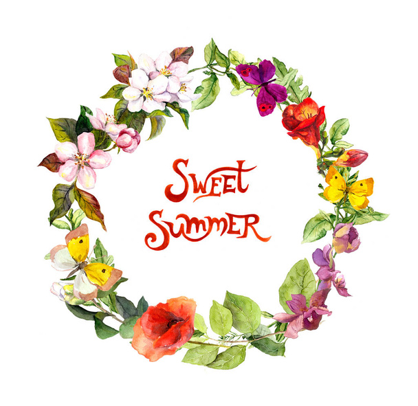 Floral wreath with meadow flowers, wild grass and butterflies. Watercolor circle border with text Sweet summer  - Photo, Image