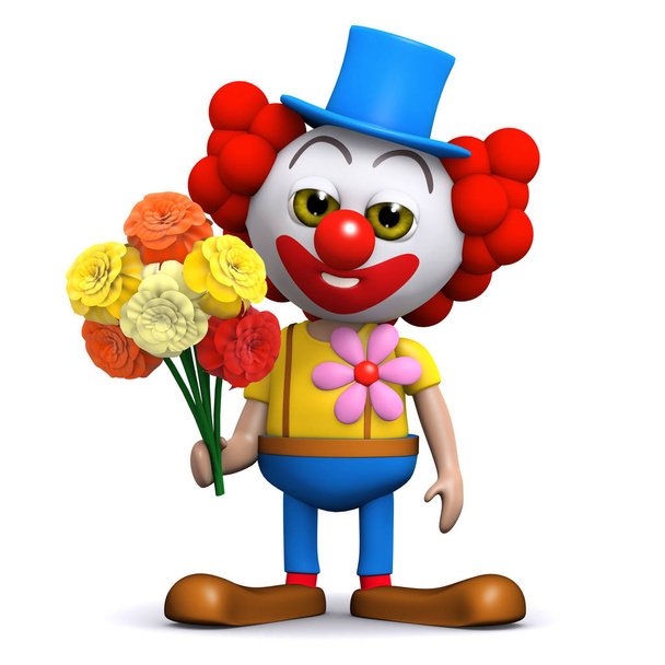 3D-Darstellung eines Clowns mit einem hübschen Blumenstrauß - Foto, Bild