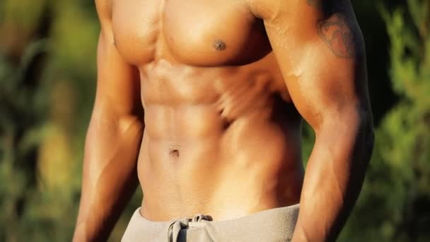 Muscular homem negro africano corpo topless no parque closeup
 - Filmagem, Vídeo