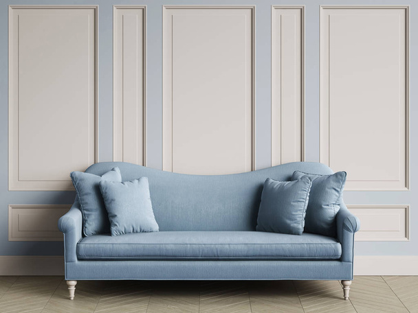 Klasszikus elefántcsont színű kanapé, klasszikus belső másol hely. Fehér falak díszlécek. Padló parkettás halszálkás. Digitális Illustration.3d-renderelés - Fotó, kép