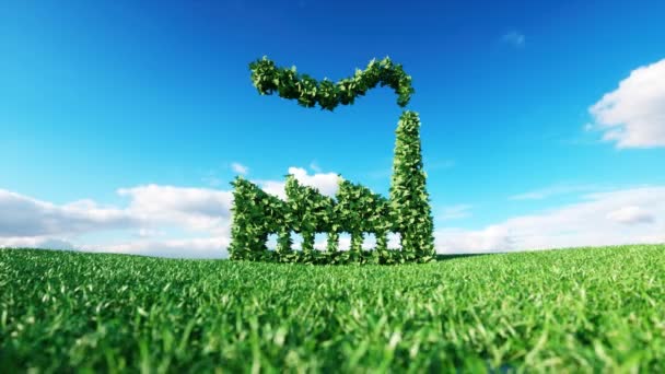 umweltfreundlicher Branchenclip. 3D-Rendering des grünen Fabriksymbols auf einer frischen Frühlingswiese mit blauem Himmel im Hintergrund. - Filmmaterial, Video