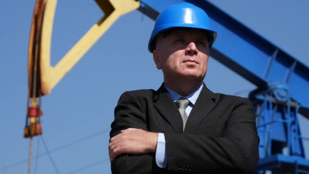 Oil Industry Businessman Looking Around and Supervise Oil Pump Extraction Field - Záběry, video