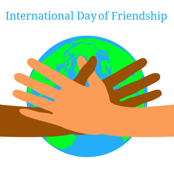 友情の国際的な日。7 月 30 日。穏やかな休日の概念。さまざまな国籍の人々 の手。彼らはお互いに伸ばし、心を与えます。背景に地球. - ベクター画像
