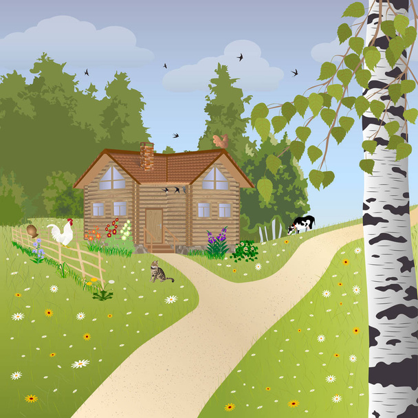 森と猫、牛、鶏の背景にロシア様式の木造村家 - ベクター画像
