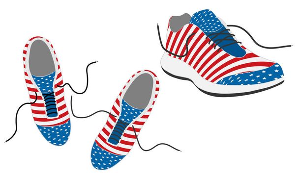 sportovní běžecké boty s tkaničkami. Snickers v barvách Usa národní vlajky. vektorové ilustrace - Vektor, obrázek
