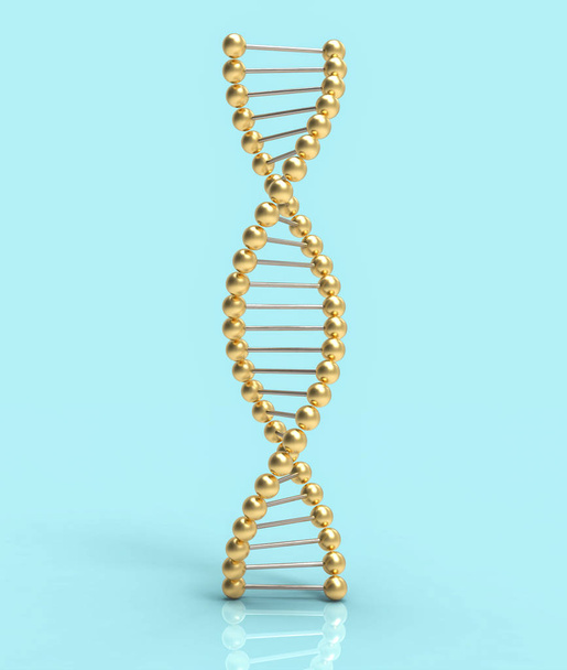 Ruban ADN doré isolé sur fond bleu. Concept scientifique. Illustration 3D
 - Photo, image