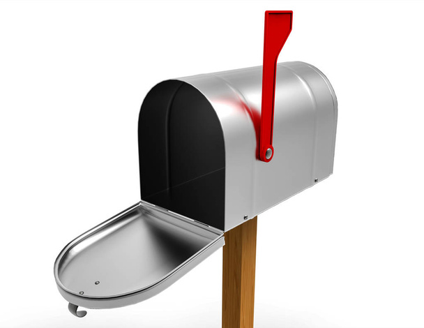 Open lege klassieke mailbox geïsoleerd op een witte achtergrond. Close-up. 3D illustratie - Foto, afbeelding