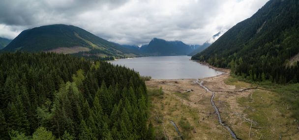 Aerial panoramic view of Jones Lake during a cloudy day. Taken near Hope and Chilliwack, East of Vancouver, BC, Canada. - Fotografie, Obrázek