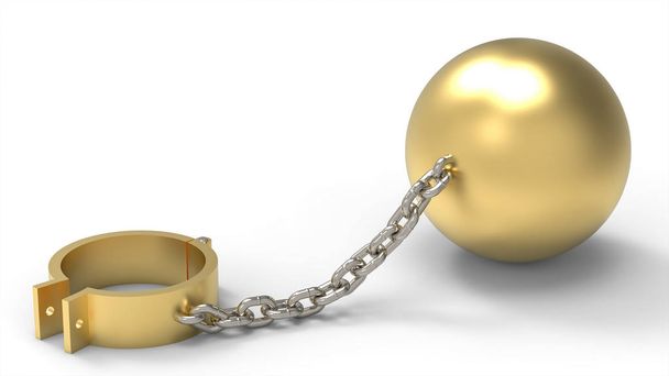 Χρυσή δεσμά, βάρος μπάλα και Πλατινένια αλυσίδα. Σκλάβος της έννοιας πλούτος. 3D απεικόνιση - Φωτογραφία, εικόνα